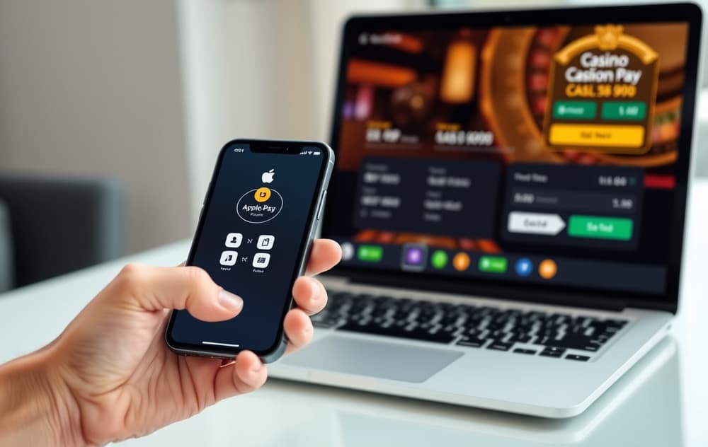 Person som betaler med Apple Pay på iPhone foran en laptop med casino-side.