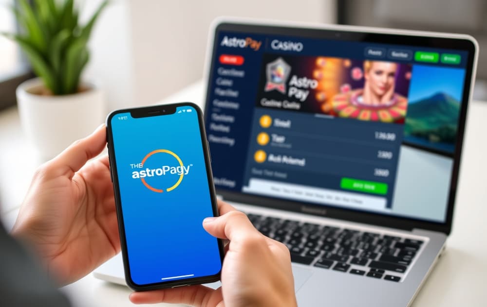 Person med mobiltelefon som viser AstroPay-appen ved siden av en bærbar PC med casinoinnskudd