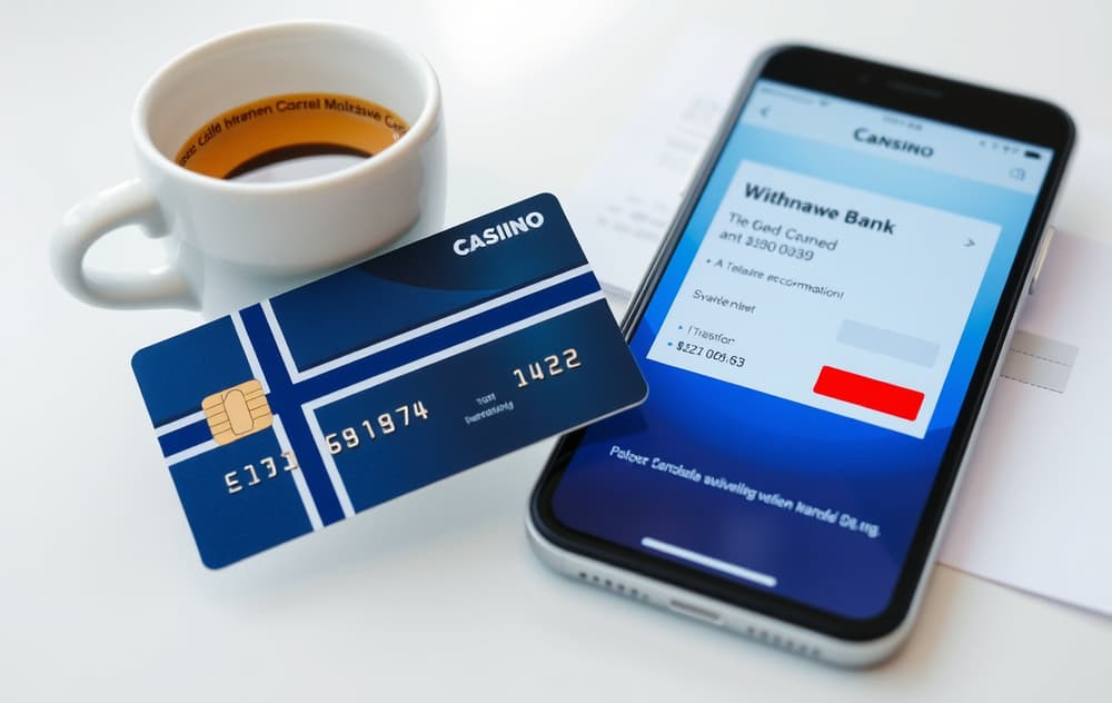 Norsk bankkort og mobiltelefon med uttakskvittering fra casino – bankoverføring i bakgrunnen.