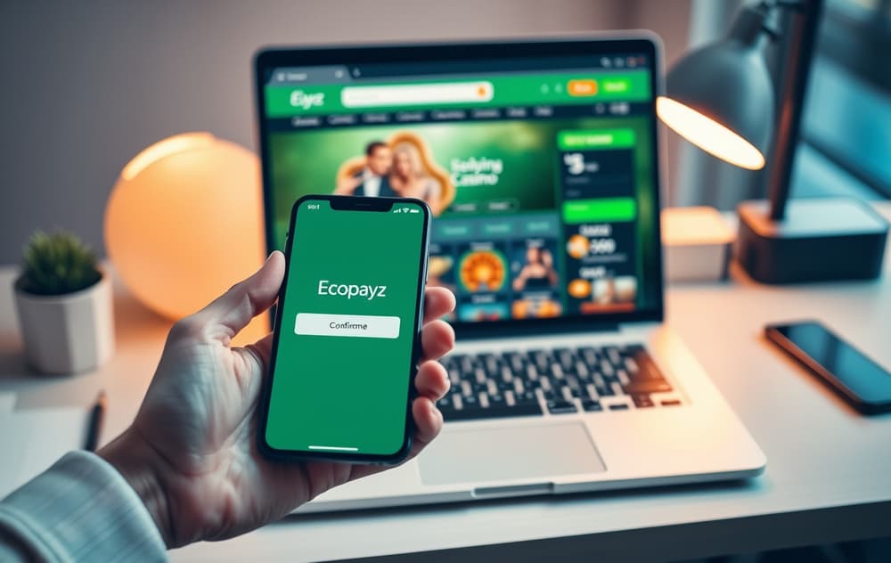 Person som holder en mobiltelefon med Ecopayz-appen klar for betaling, med et casino åpent på en laptop i bakgrunnen.