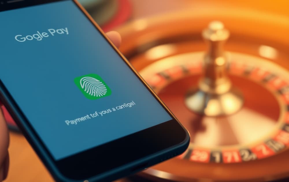 Mobiltelefon med Google Pay-betaling og casino chips i bakgrunnen