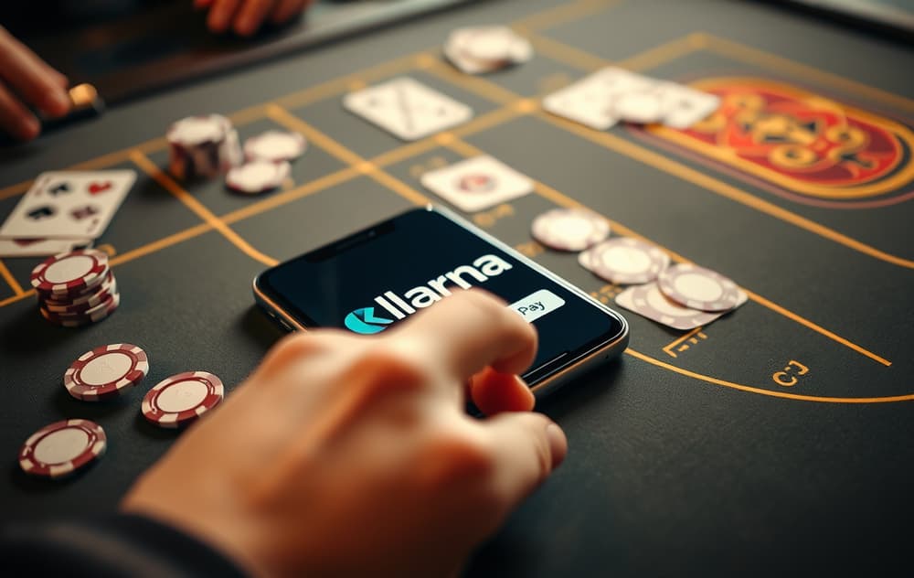 Smarttelefon med Klarna-logo på en casinobord med sjetonger og kort.