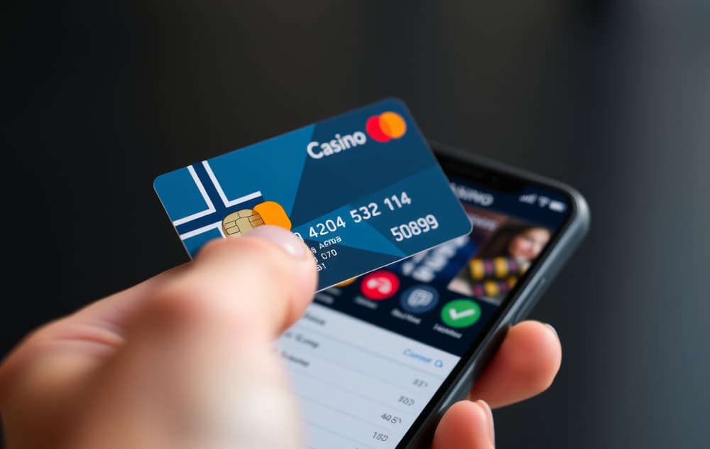 Hånd som holder norsk debetkort med Mastercard-logo foran en mobilskjerm med casino-kasse
