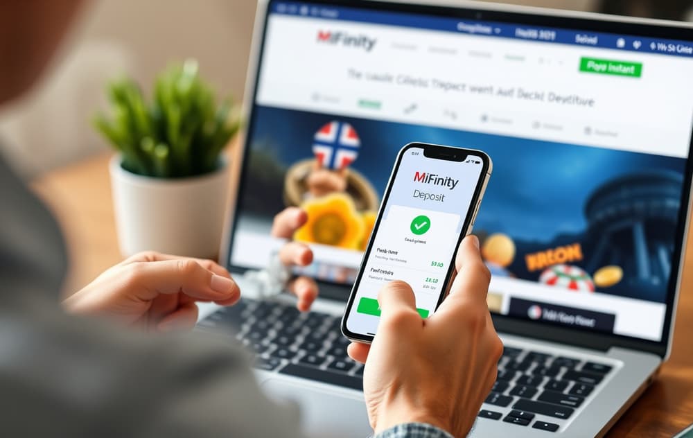 Person som setter inn penger på et casino via MiFinity-appen på mobilen, med laptop i bakgrunnen.