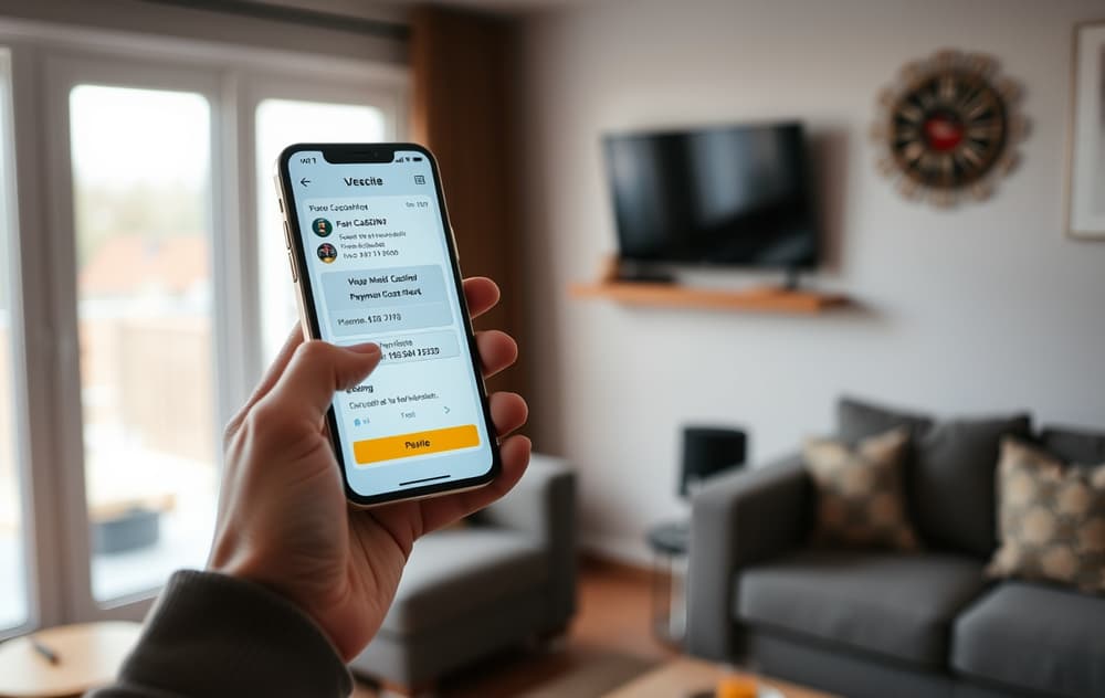 Person som holder en mobiltelefon med casino-kasse på skjermen, mobilbetaling via SMS-bekreftelse