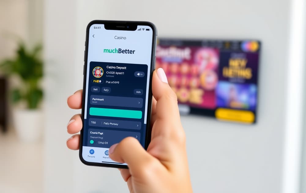 Mobiltelefon med MuchBetter-app for casinoinnskudd