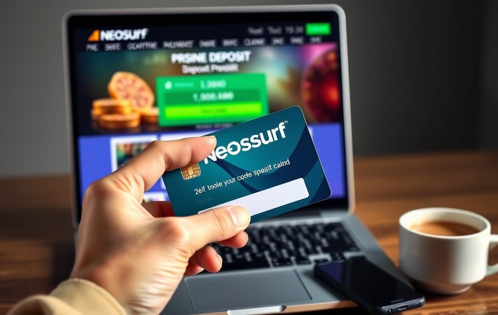 Person som holder et Neosurf-kort foran en laptop med casino-innskuddsskjerm