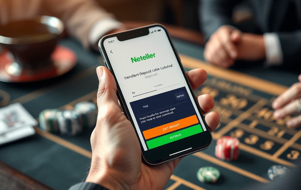 Mobiltelefon med Neteller-appen åpen for casinoinnskudd, med umiddelbar bekreftelse.