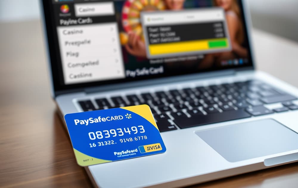 Paysafecard kupong ved siden av en laptop med casinoinnskuddsskjerm
