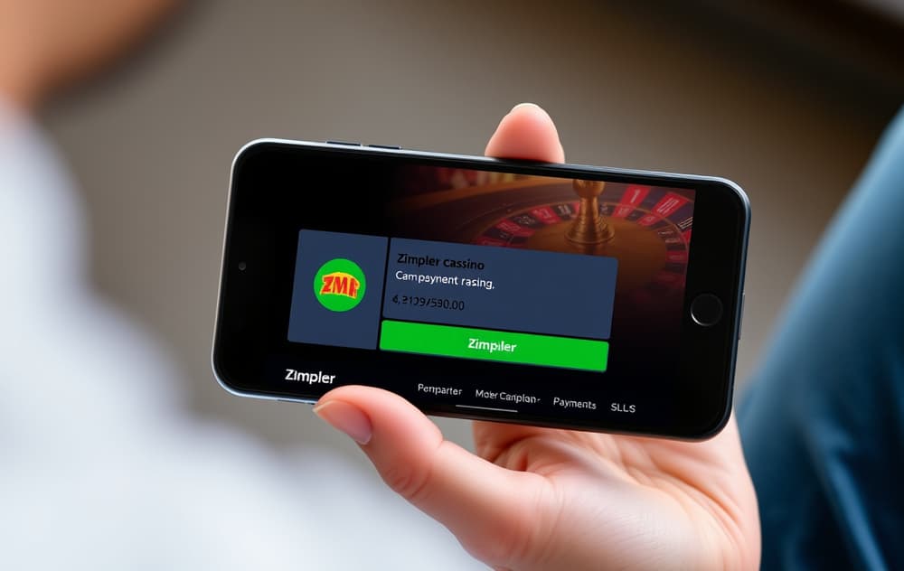 Person med mobiltelefon som viser Zimpler-betaling på casino.