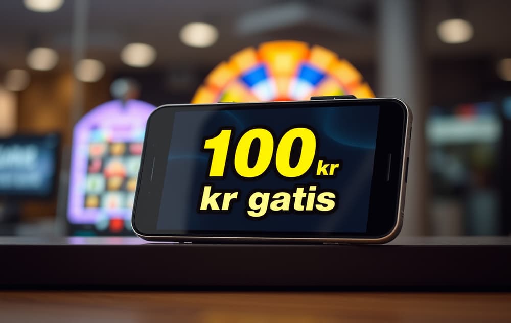Smarttelefon med bonusskjerm som viser 100 kr gratis bonus og spilleautomat i bakgrunnen
