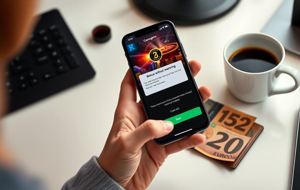 Norsk spiller med mobiltelefon som viser bonus uten omsetningskrav, ved siden av kaffekopp og lommebok.