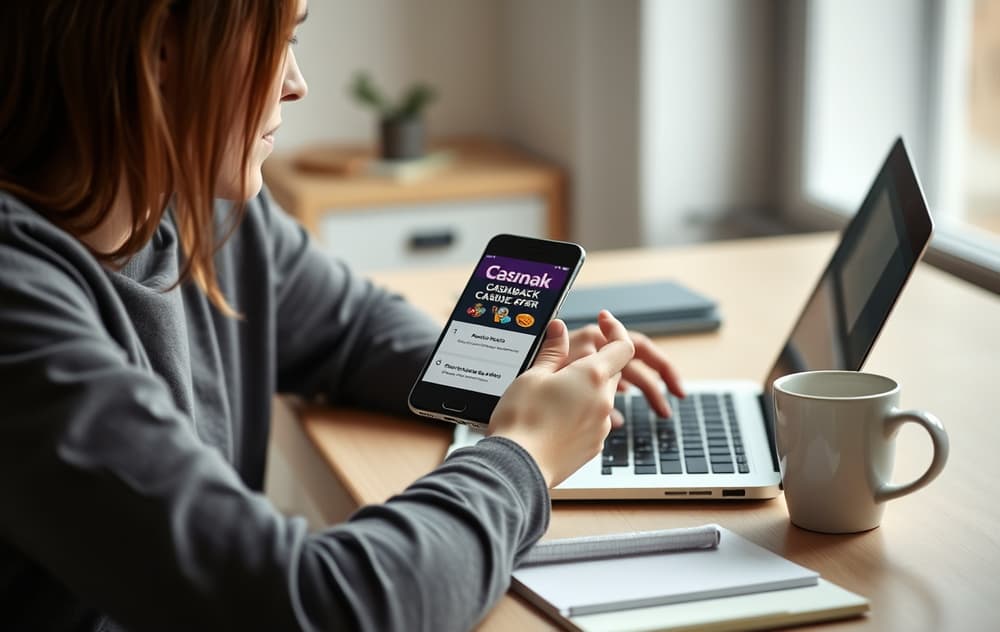 En person som sitter ved et skrivebord og ser på en mobiltelefon med et cashback-tilbud fra et nettcasino.