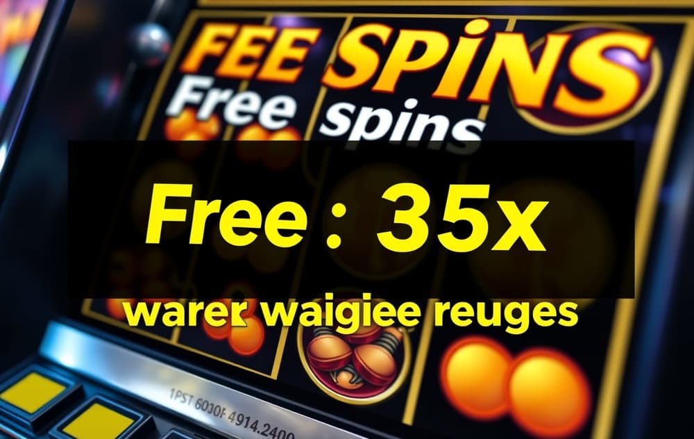 Nærbilde av spilleautomat med freespins-bonus og omsetningskrav 35x
