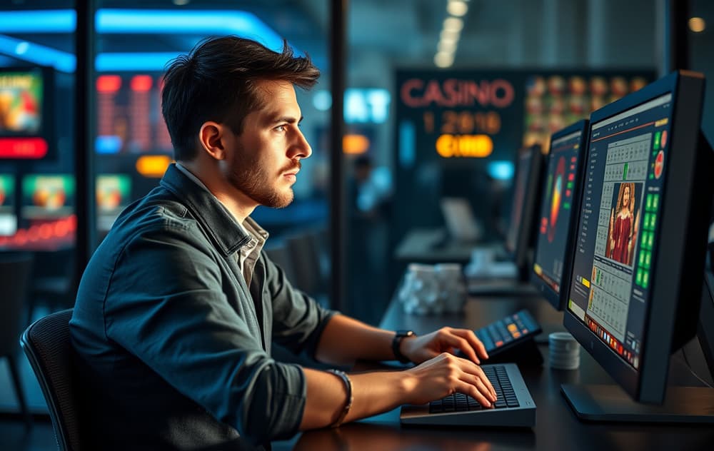 En person analyserer omsetningskrav for casino bonus på en skjerm.