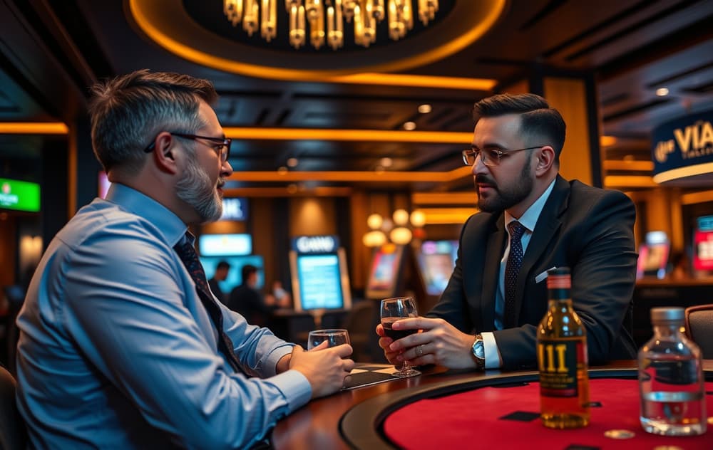 En spiller i en VIP-lounge snakker med en personlig VIP-manager ved et casino.