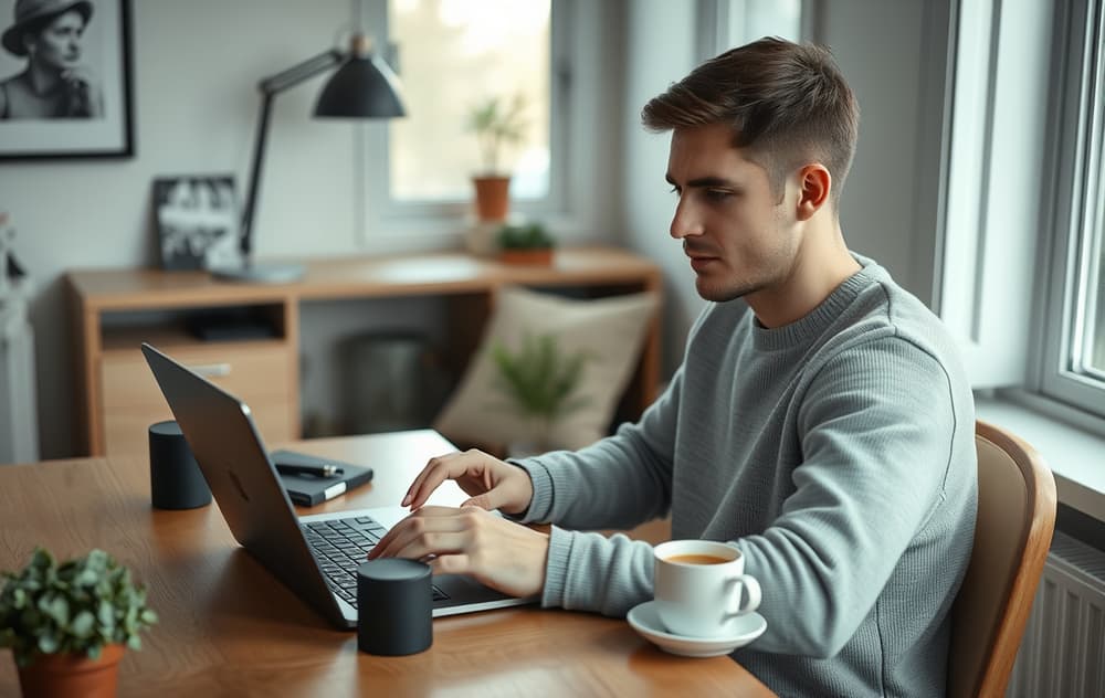 Person som tester et nettcasino på mobilen med notatbok og kaffekopp på bordet