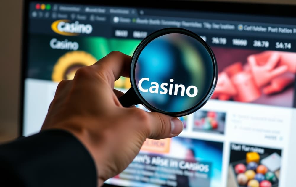 Forstørrelsesglass over en casinolisens på et bord med laptop i bakgrunnen