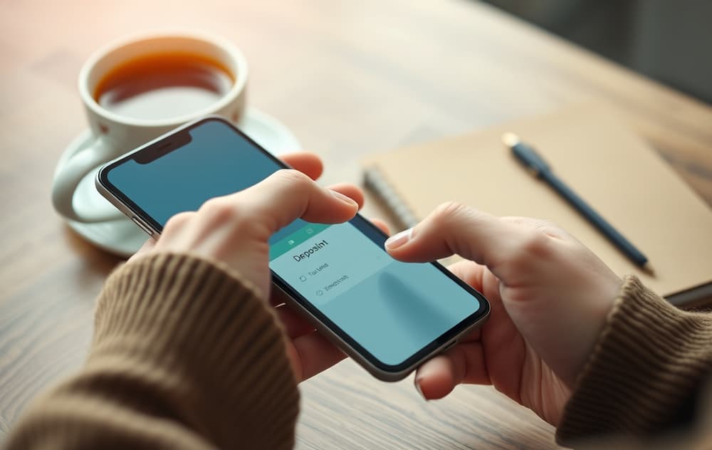 En person som setter innskuddsgrense på mobilen, med kaffekopp og notatbok i bakgrunnen.