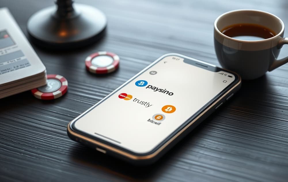 Smarttelefon med betalingsmetoder for casino: Visa, Mastercard, Trustly, Skrill, Bitcoin – fotorealistisk stil.