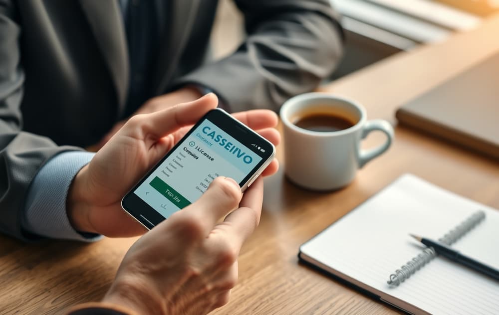 En person som sjekker en casinolisens på mobilen, med kaffekopp og notatbok på bordet.