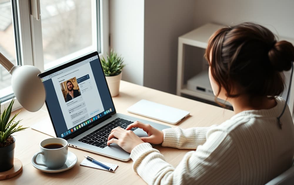 En person sitter ved et skrivebord og bruker live chat på en bærbar PC, med en kaffekopp ved siden av.