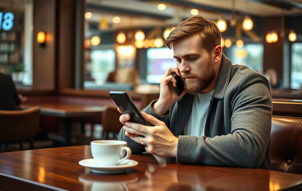 Person med mobiltelefon og skattemelding på bordet, illustrerer skatt på casino-gevinst.