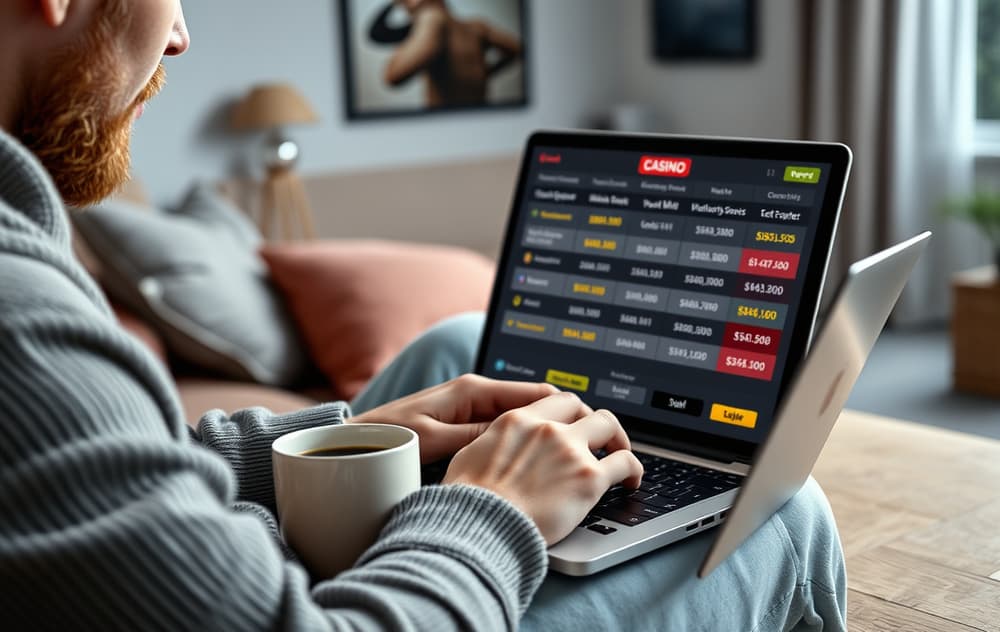Norsk spiller som sammenligner casinoer på en bærbar PC, med en kopp kaffe og et realistisk nordisk interiør