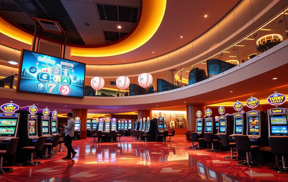 Moderne nettcasino lobby med storskjerm og spilleautomater