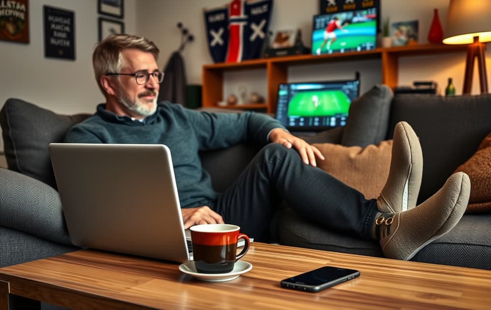Norsk sportsfan som sjekker odds på en bærbar PC i en moderne stue.