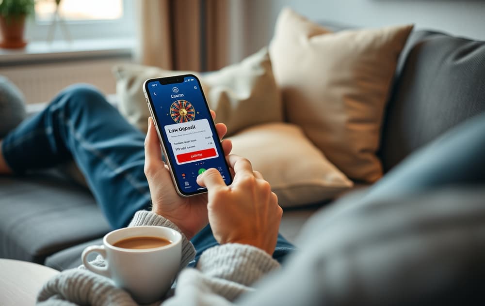 Person med mobiltelefon som viser casino med lavt innskudd, kaffekopp og avslappet miljø