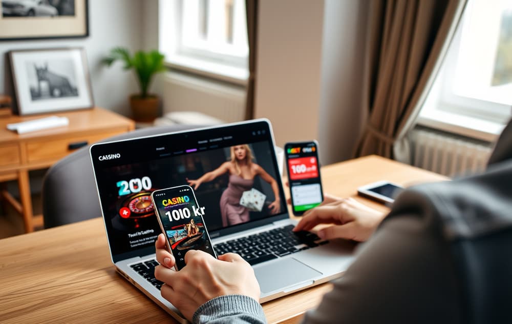 Person som sammenligner casinoer med lavt innskudd på laptop og mobil