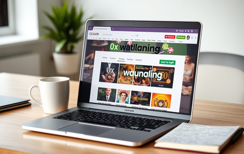 Laptop med casino-side som viser omsetningsfri bonus, notatblokk og kaffekopp på et skrivebord