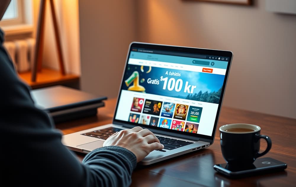 Person foran laptop med gratis casino-bonus på skjermen, kaffekopp og mobiltelefon på bordet