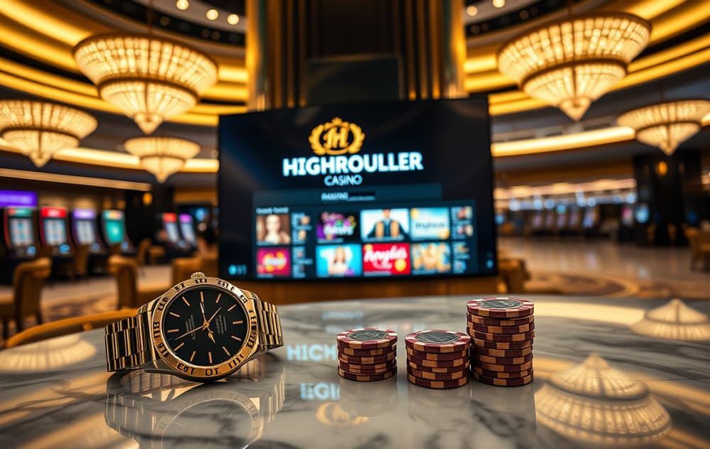 Highroller Casino premium casino lobby med digitale skjermer og spill.