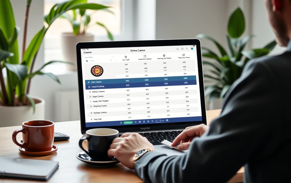 En person som sammenligner kryptocasinoer på en laptop i et moderne hjemmekontor.