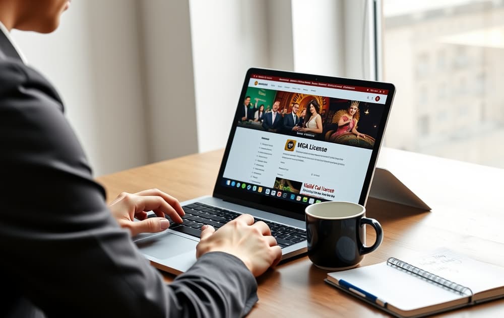 En person sammenligner to casino-nettsider på en bærbar PC, med notater og kaffekopp på bordet