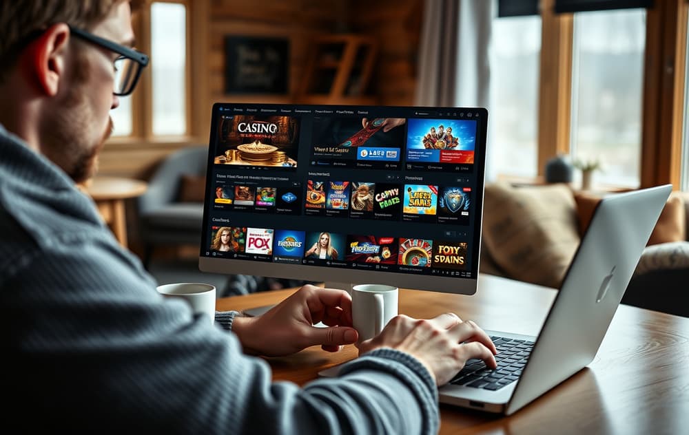 Norsk spiller sammenligner casinoer på laptop i stue