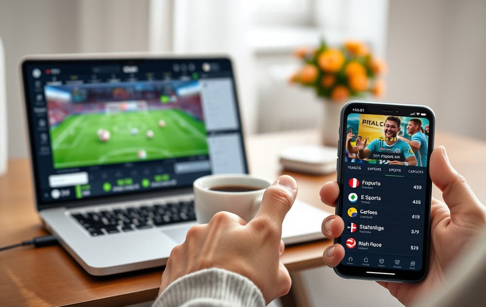 Moderne bettingside med odds for fotball og e-sport på laptop og mobil.