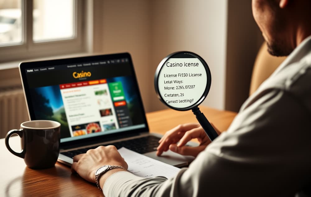 Person som sammenligner to casinoer på laptop med forstørrelsesglass over lisensinformasjon