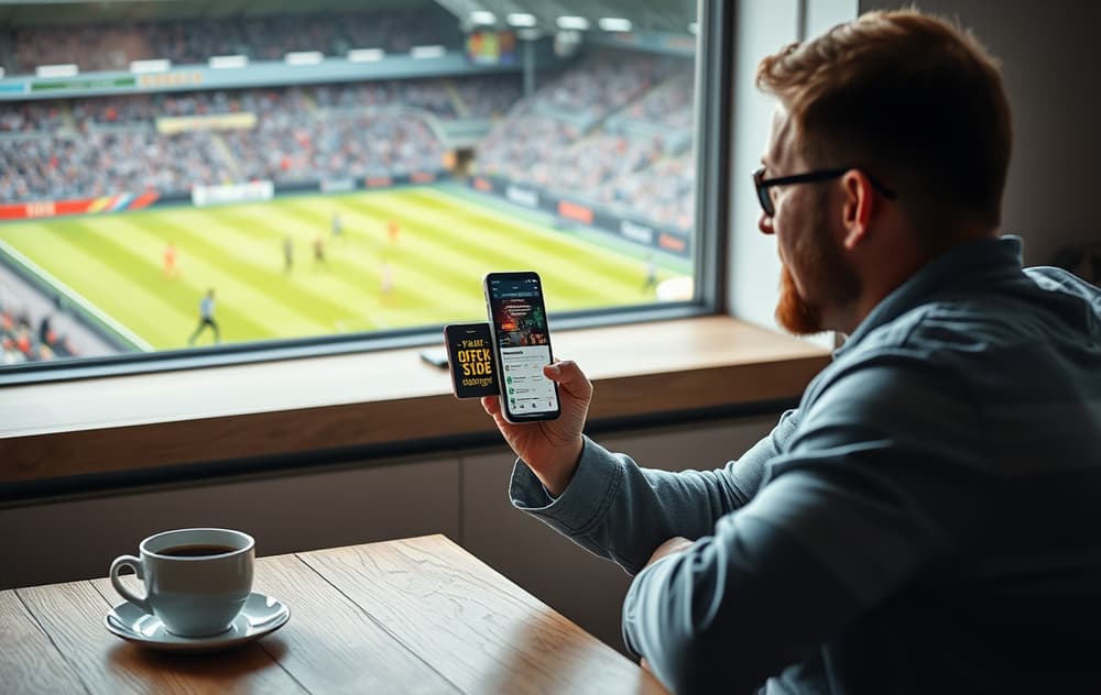 Norsk mann som sjekker oddsbonus på mobilen med fotballkamp på PC-en