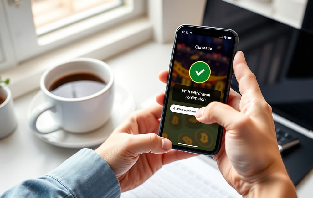 Person med smarttelefon som viser bekreftelse på raskt uttak med Bitcoin-logo og klokke