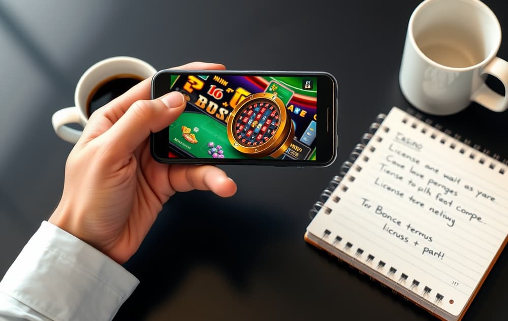 Person som holder en mobiltelefon med et spilleautomatspill på skjermen, ved siden av en kopp kaffe og notater om lisens og bonusvilkår.