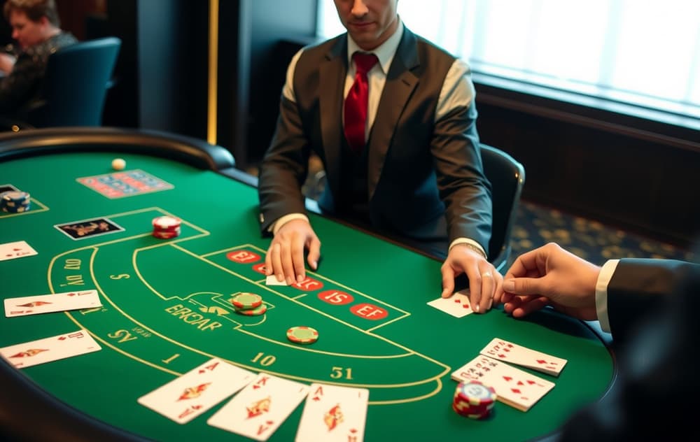 Live baccarat-bord med dealer og kort i et elegant casino.