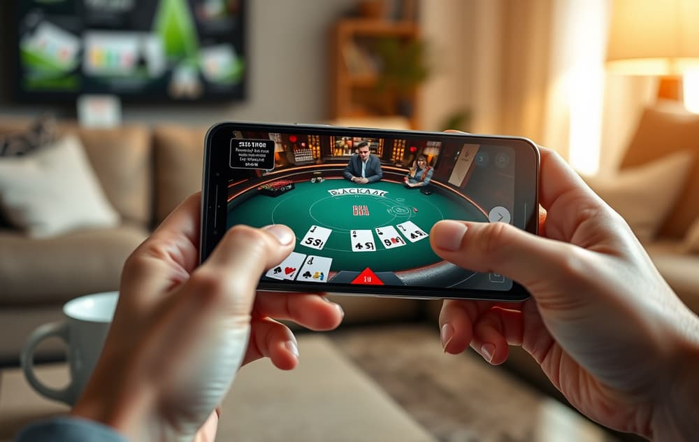 Mobiltelefon som viser live blackjack med ekte dealer, i en stue.
