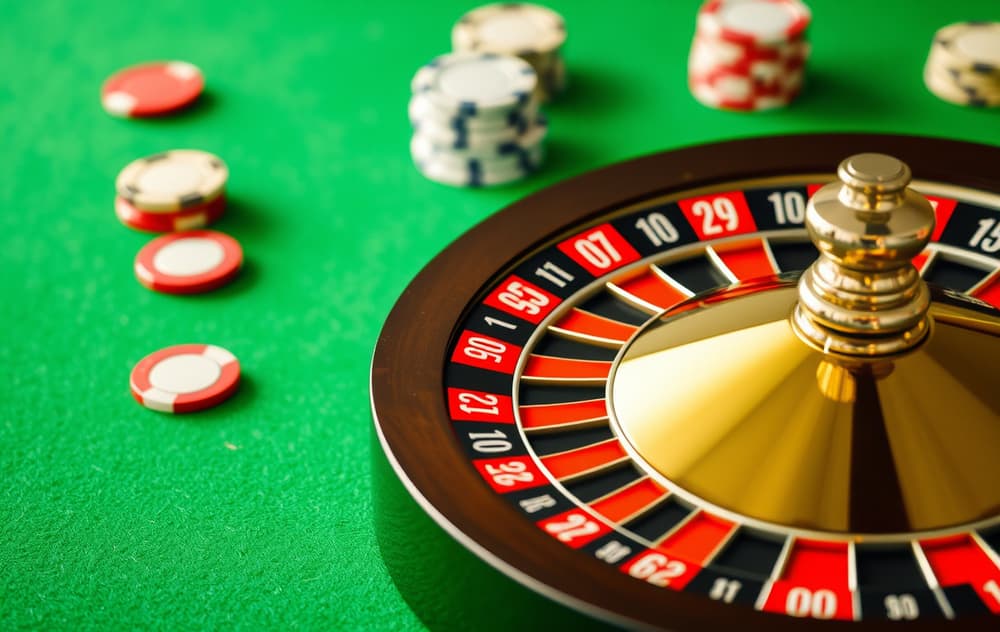 Roulettehjul i bevegelse på et casinobord med grønt filt og jetoner