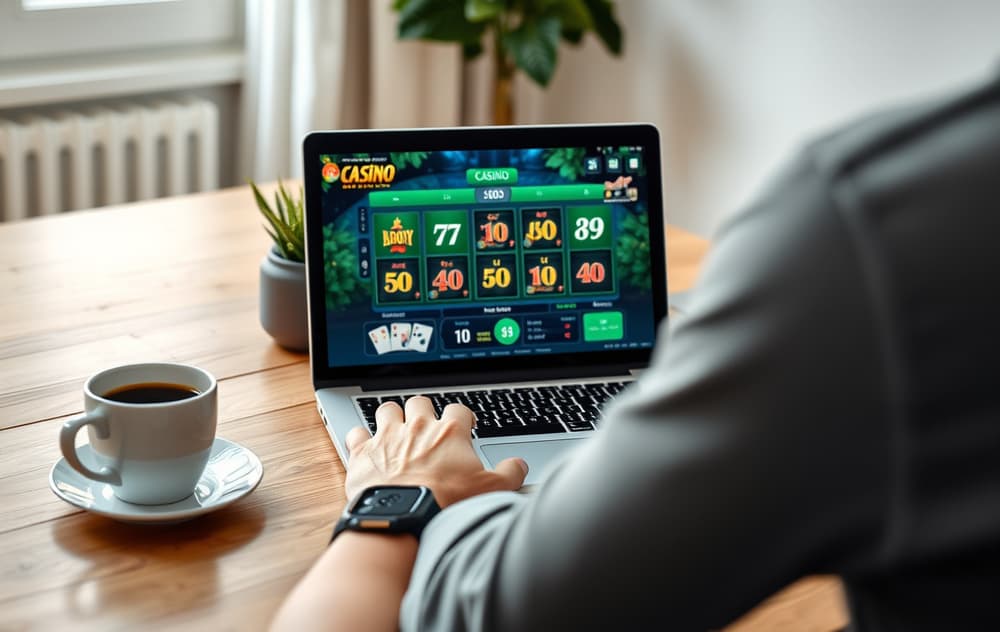 Person som spiller casinospill på nett på en bærbar PC i en stue, med kopp kaffe og mobiltelefon ved siden av
