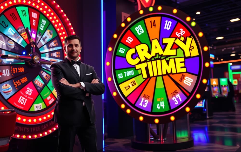Live host ved Crazy Time-hjulet i en moderne studio-setting med lys og skjermer
