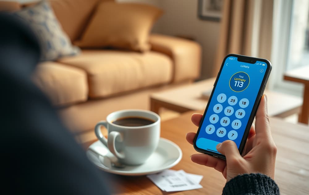 Person som spiller lotto på mobiltelefon i en stue, med kopp kaffe og lodd ved siden av