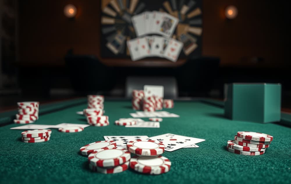 Pokerbord med chips og kort, klar for nettspill.